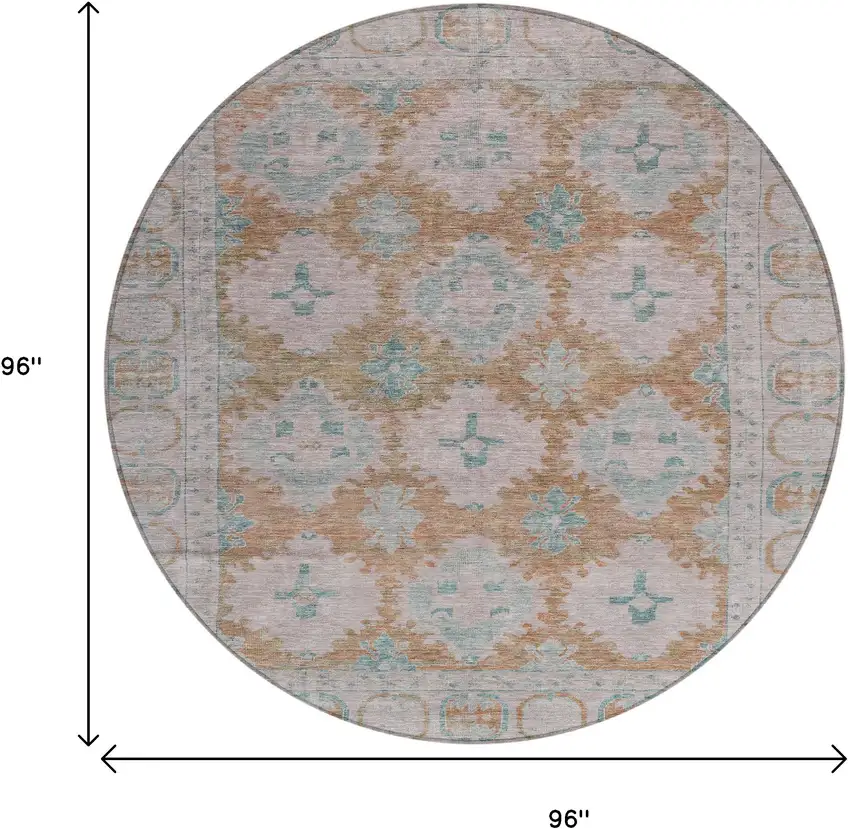 8' Terra Cotta And Teal Blue Round Damask Washable Indoor Outdoor Area Rug Photo 9