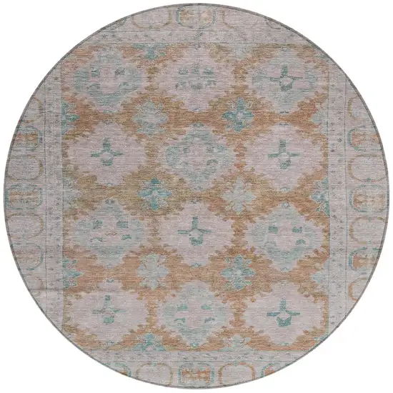 8' Terra Cotta And Teal Blue Round Damask Washable Indoor Outdoor Area Rug Photo 3