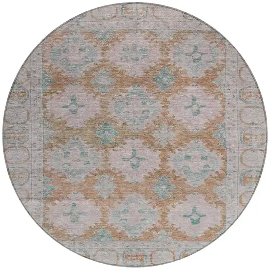 8' Terra Cotta And Teal Blue Round Damask Washable Indoor Outdoor Area Rug Photo 4