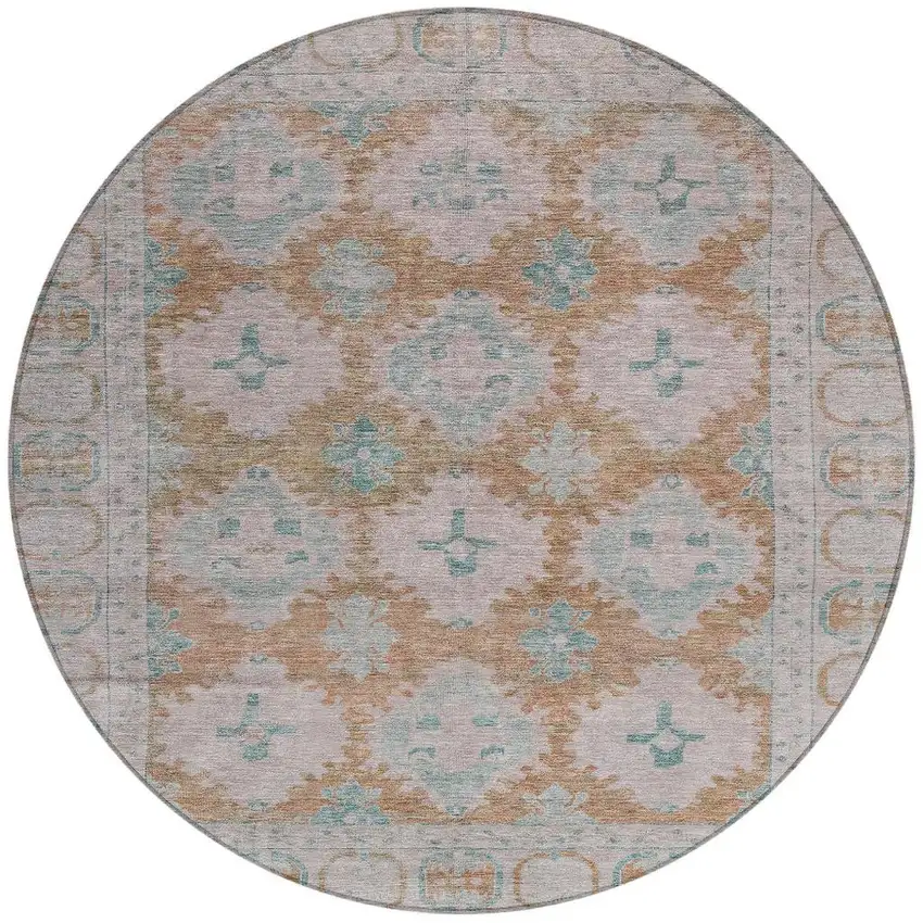8' Terra Cotta And Teal Blue Round Damask Washable Indoor Outdoor Area Rug Photo 4