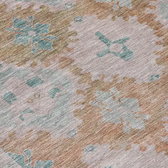 8' Terra Cotta And Teal Blue Round Damask Washable Indoor Outdoor Area Rug Photo 7