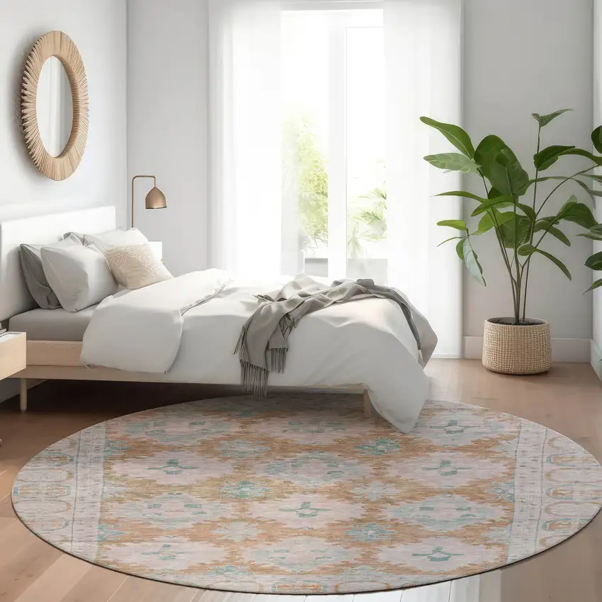 8' Terra Cotta And Teal Blue Round Damask Washable Indoor Outdoor Area Rug Photo 6