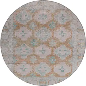 Photo of 8' Terra Cotta And Teal Blue Round Damask Washable Indoor Outdoor Area Rug