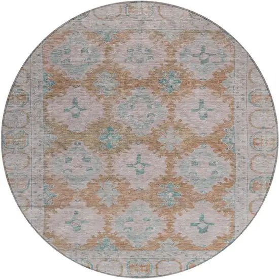8' Terra Cotta And Teal Blue Round Damask Washable Indoor Outdoor Area Rug Photo 1