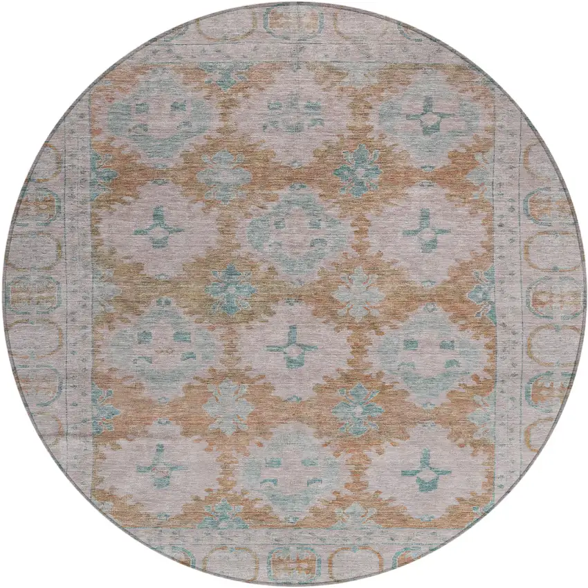 8' Terra Cotta And Teal Blue Round Damask Washable Indoor Outdoor Area Rug Photo 1
