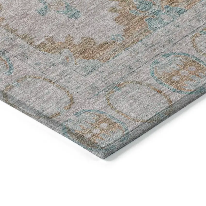8' Terra Cotta And Teal Blue Round Damask Washable Indoor Outdoor Area Rug Photo 8