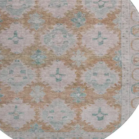 8' Terra Cotta And Teal Oriental Washable Round Rug With UV Protection Photo 2