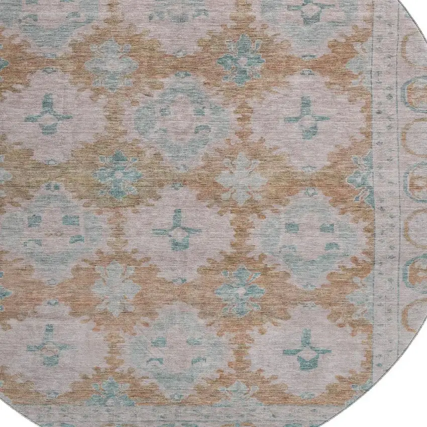 8' Terra Cotta And Teal Oriental Washable Round Rug With UV Protection Photo 2