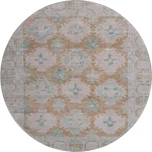 Photo of 8' Terra Cotta And Teal Oriental Washable Round Rug With UV Protection