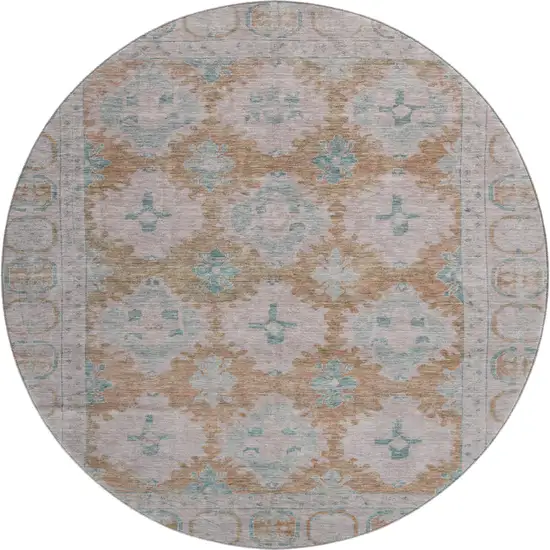8' Terra Cotta And Teal Oriental Washable Round Rug With UV Protection Photo 1