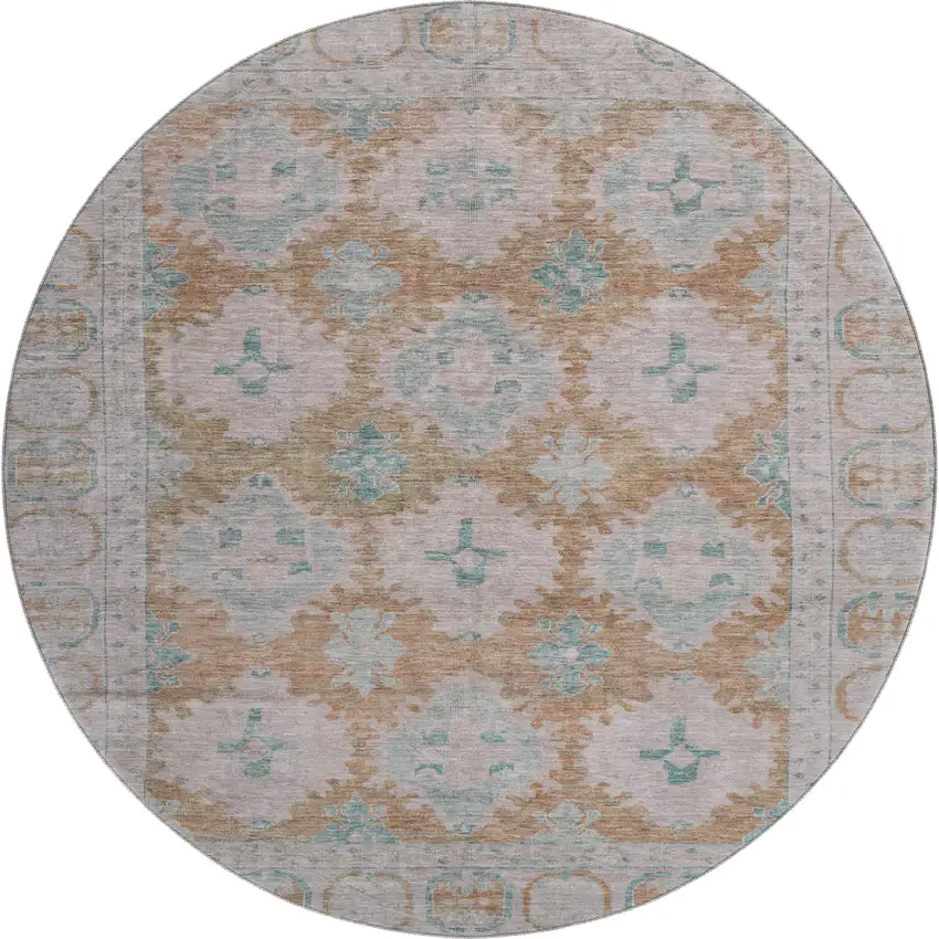 8' Terra Cotta And Teal Oriental Washable Round Rug With UV Protection Photo 1
