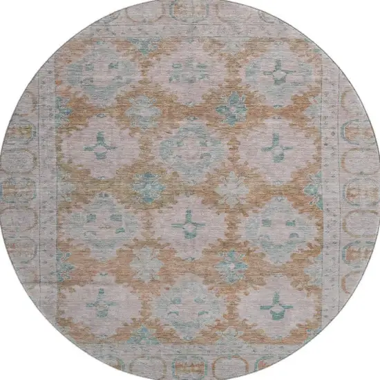 8' Terra Cotta And Teal Oriental Washable Round Rug With UV Protection Photo 3