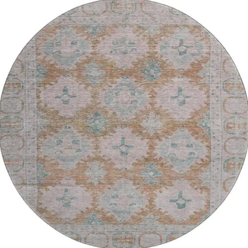 8' Terra Cotta And Teal Oriental Washable Round Rug With UV Protection Photo 3