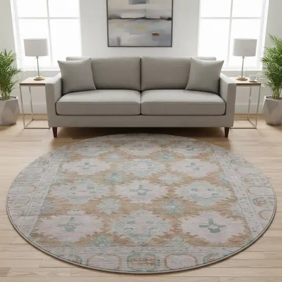 8' Terra Cotta And Teal Oriental Washable Round Rug With UV Protection Photo 2