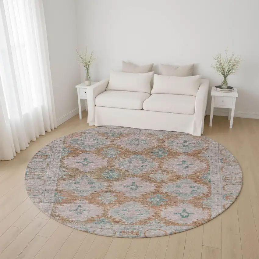 8' Terra Cotta And Teal Oriental Washable Round Rug With UV Protection Photo 4