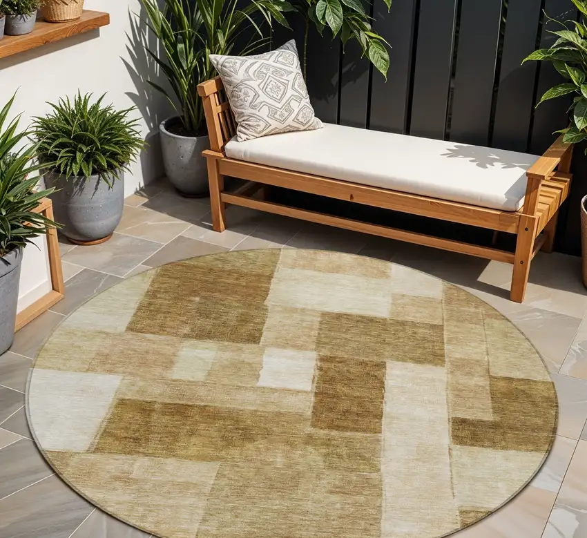 8' Terra Cotta Beige And Brown Round Geometric Washable Indoor Outdoor Area Rug Photo 1