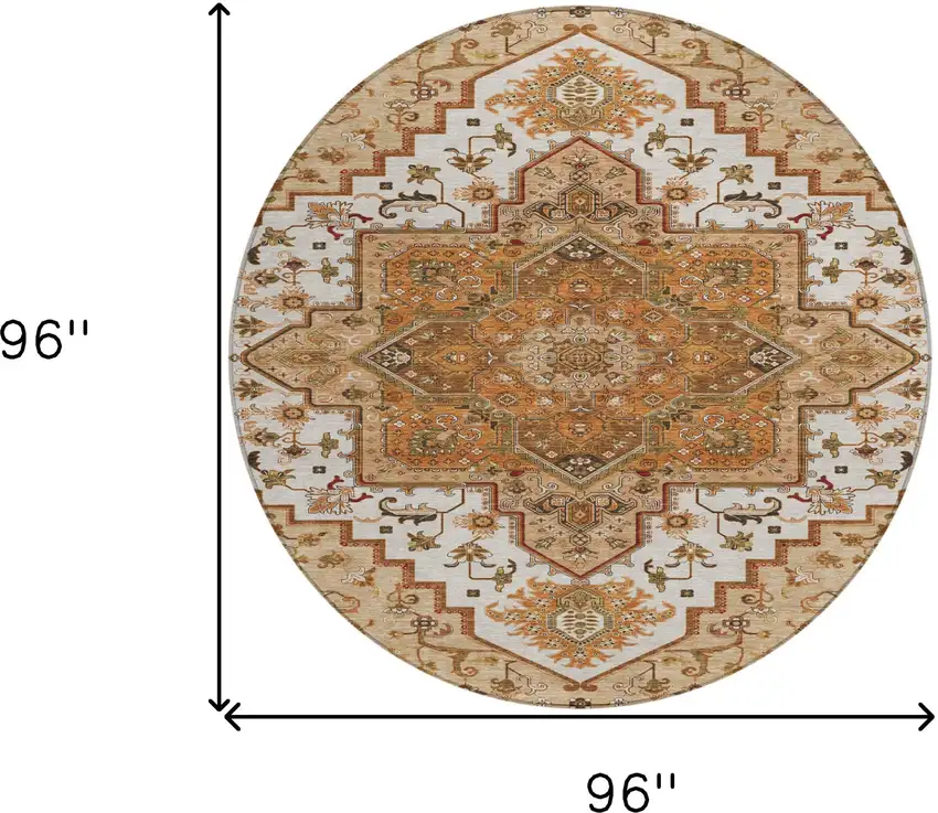 8' Terra Cotta Beige And Brown Round Oriental Washable Indoor Outdoor Area Rug Photo 3