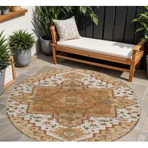 Photo of 8' Terra Cotta Beige And Brown Round Oriental Washable Indoor Outdoor Area Rug