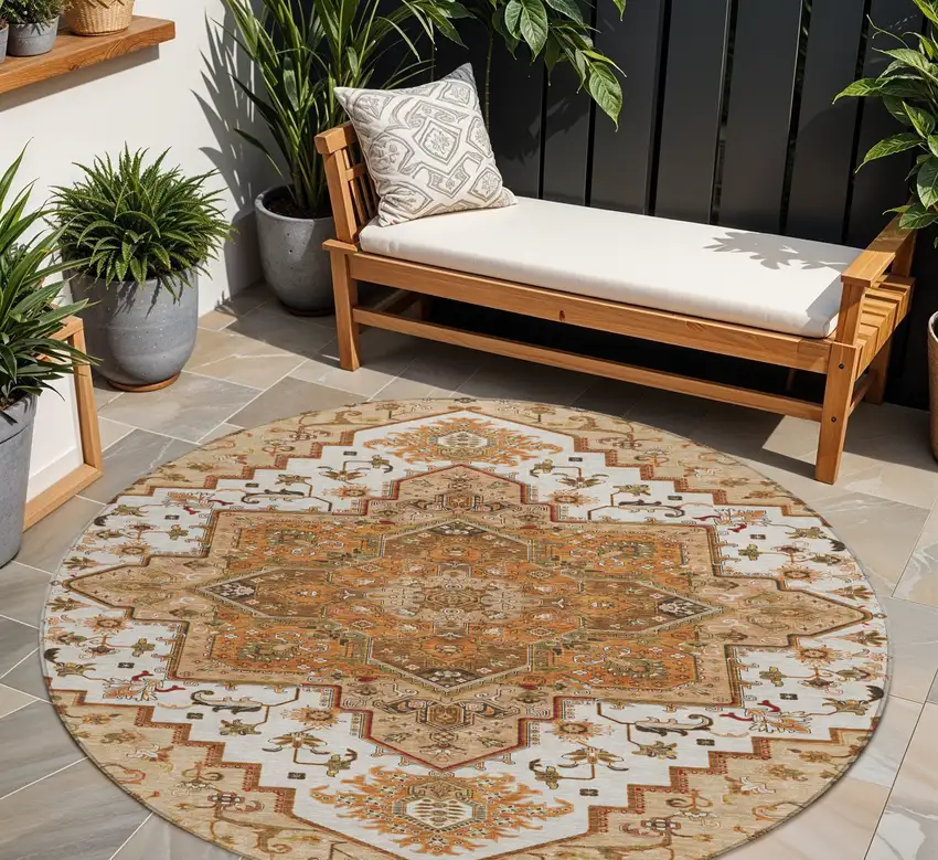 8' Terra Cotta Beige And Brown Round Oriental Washable Indoor Outdoor Area Rug Photo 1