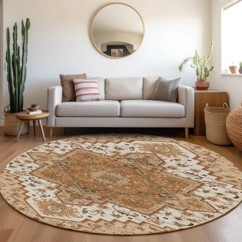 8' Terra Cotta Beige And Brown Round Oriental Washable Indoor Outdoor Area Rug Photo 8