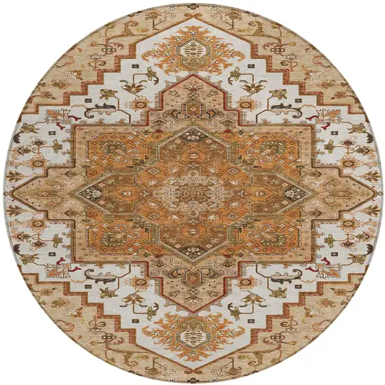 8' Terra Cotta Beige And Brown Round Oriental Washable Indoor Outdoor Area Rug Photo 6