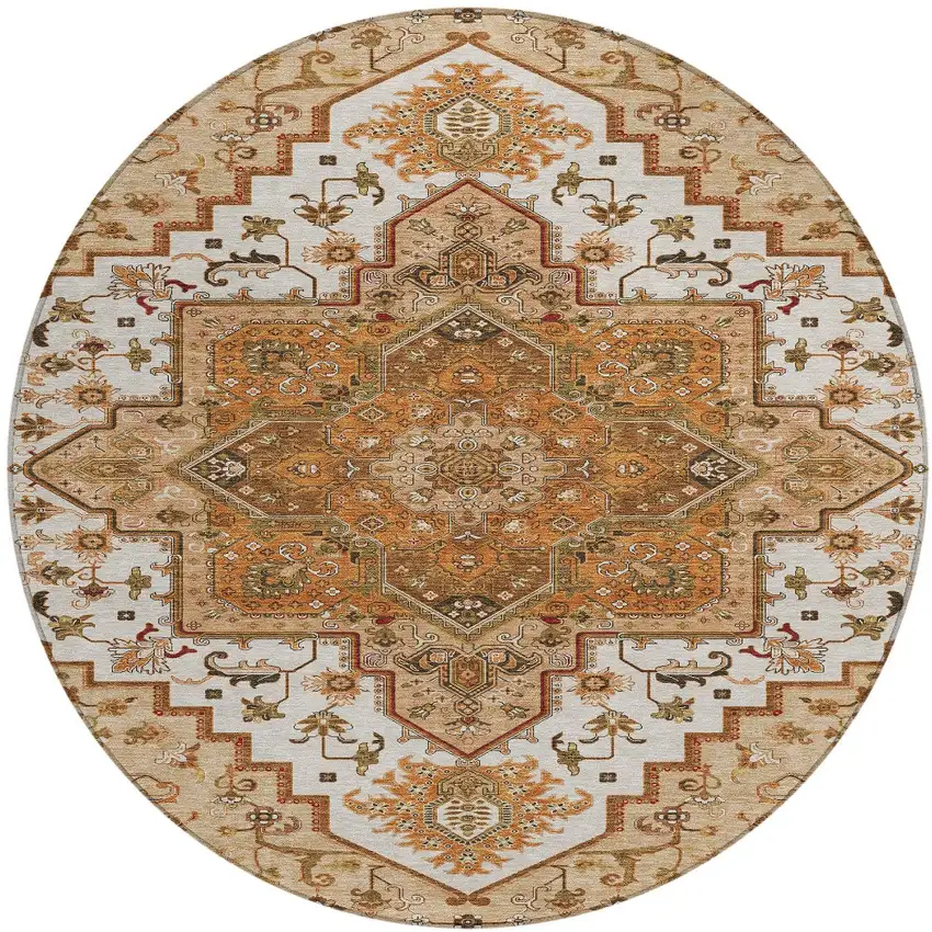 8' Terra Cotta Beige And Brown Round Oriental Washable Indoor Outdoor Area Rug Photo 6