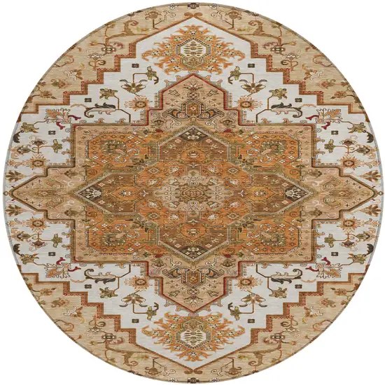 8' Terra Cotta Beige And Brown Round Oriental Washable Indoor Outdoor Area Rug Photo 2