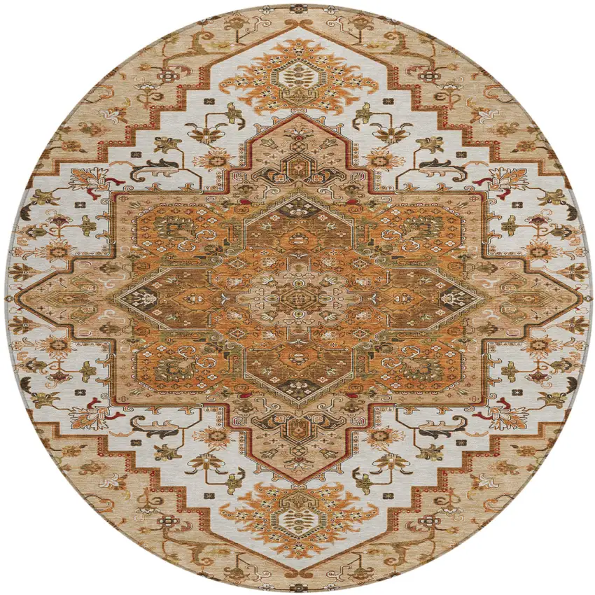 8' Terra Cotta Beige And Brown Round Oriental Washable Indoor Outdoor Area Rug Photo 2
