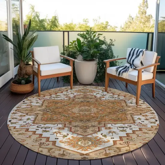 8' Terra Cotta Beige And Brown Round Oriental Washable Indoor Outdoor Area Rug Photo 7