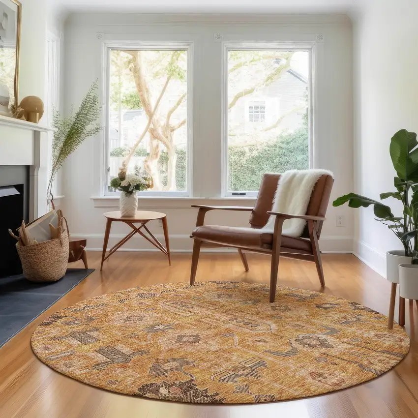 8' Terra Cotta Beige And Charcoal Oriental Washable Round Rug With UV Protection Photo 5