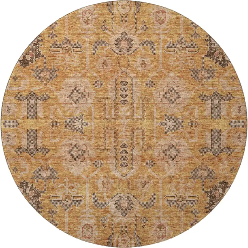 8' Terra Cotta Beige And Charcoal Oriental Washable Round Rug With UV Protection Photo 4