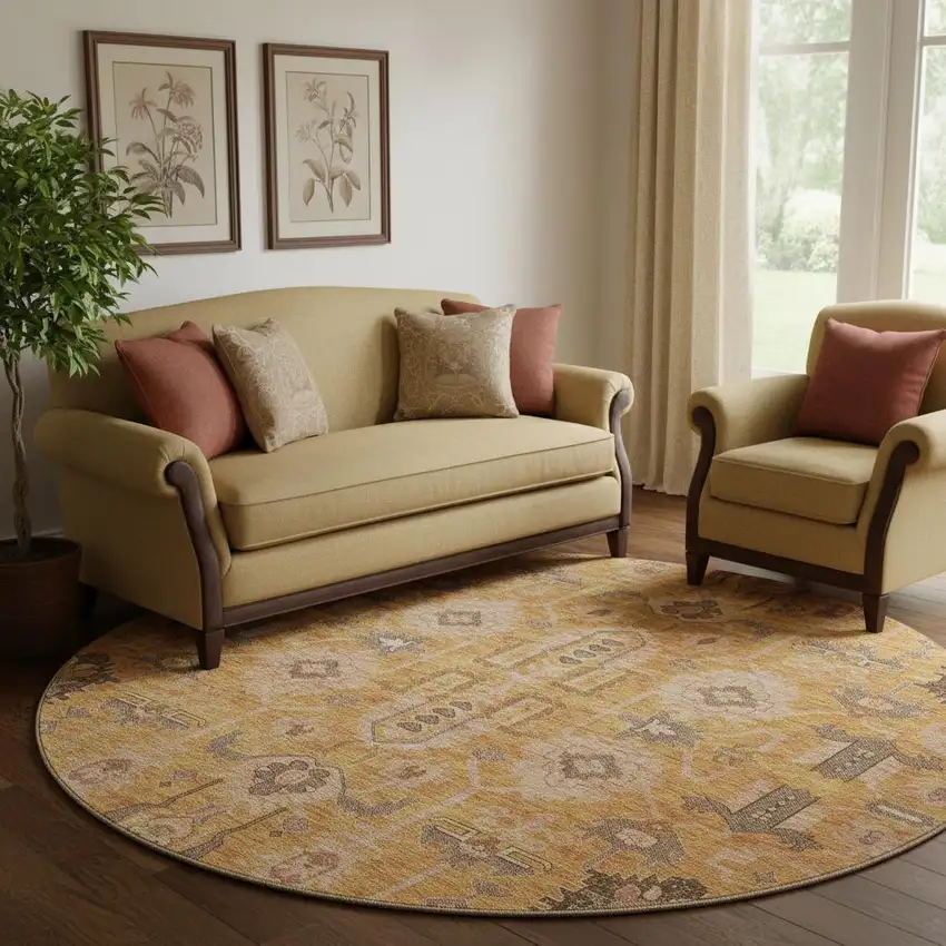 8' Terra Cotta Beige And Charcoal Oriental Washable Round Rug With UV Protection Photo 1