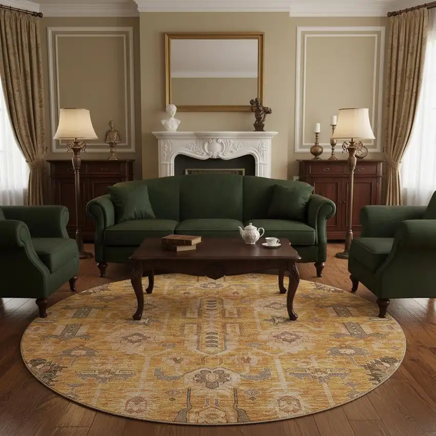 8' Terra Cotta Beige And Charcoal Oriental Washable Round Rug With UV Protection Photo 2