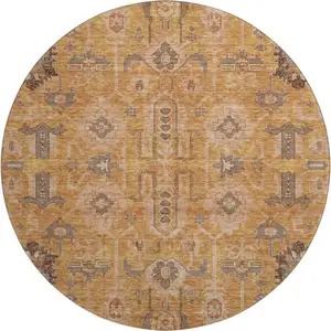 Photo of 8' Terra Cotta Beige And Charcoal Oriental Washable Round Rug With UV Protection