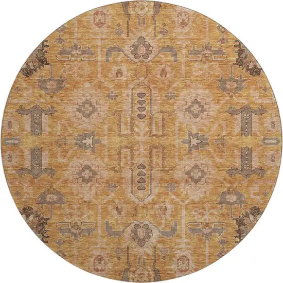 8' Terra Cotta Beige And Charcoal Oriental Washable Round Rug With UV Protection Photo 1