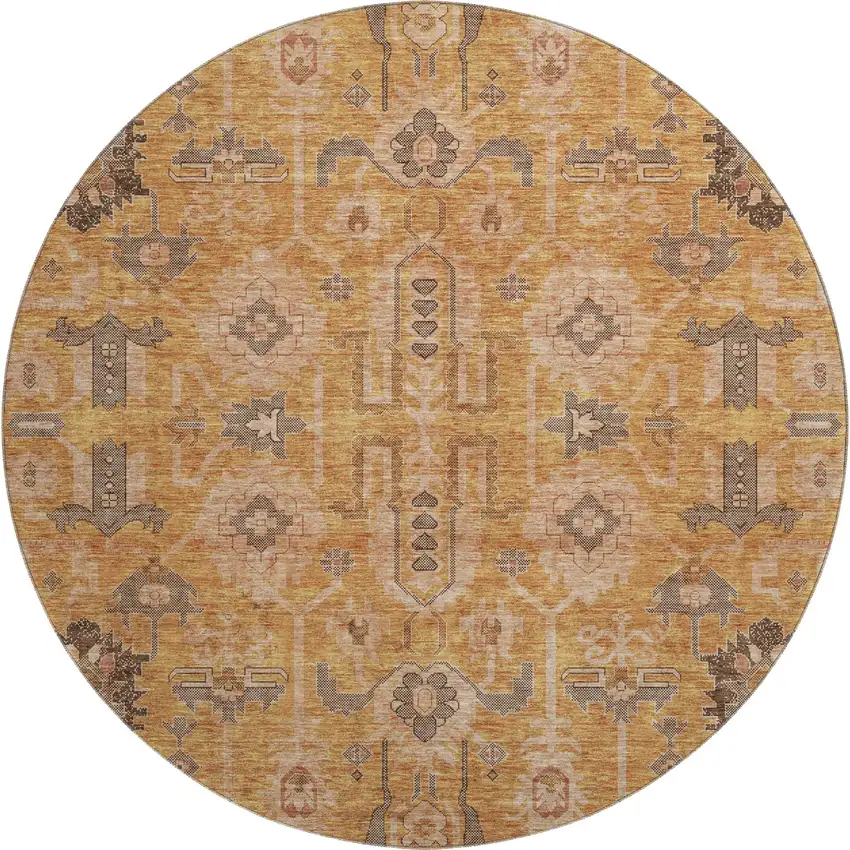 8' Terra Cotta Beige And Charcoal Oriental Washable Round Rug With UV Protection Photo 1