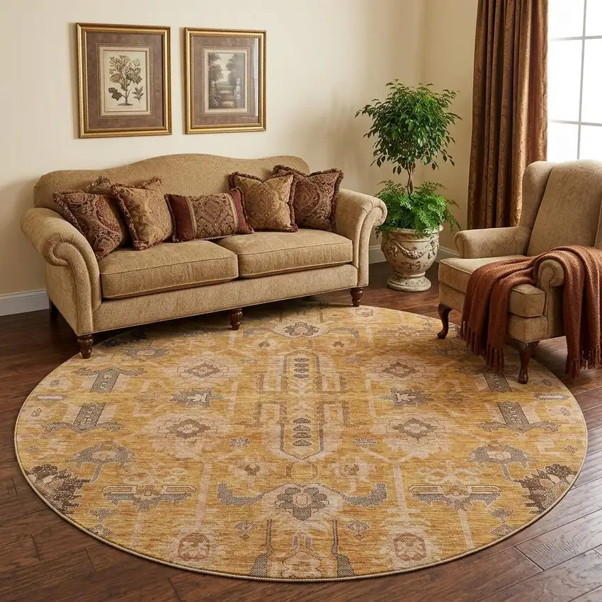 8' Terra Cotta Beige And Charcoal Oriental Washable Round Rug With UV Protection Photo 1