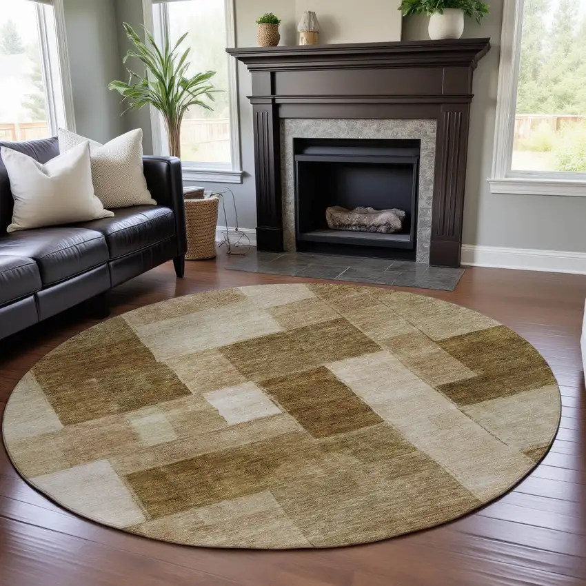 8' Terra Cotta Beige And Copper Geometric Washable Round Rug With UV Protection Photo 4