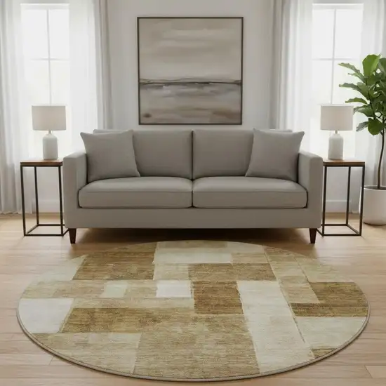 8' Terra Cotta Beige And Copper Geometric Washable Round Rug With UV Protection Photo 2