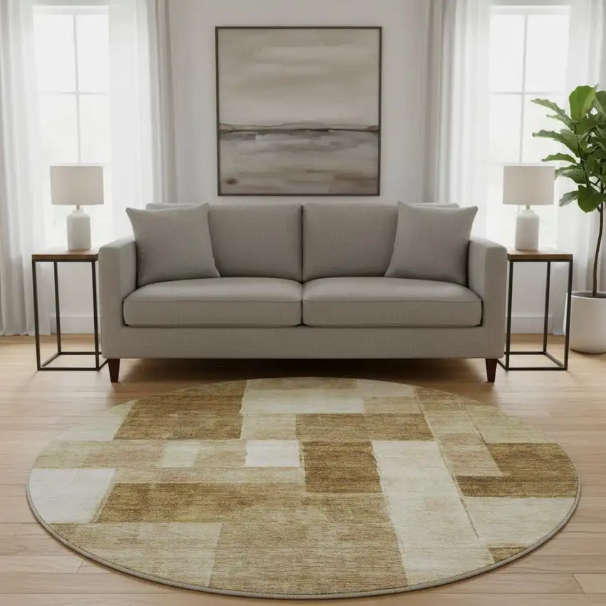 8' Terra Cotta Beige And Copper Geometric Washable Round Rug With UV Protection Photo 2