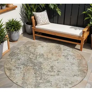 Photo of 8' Terra Cotta Beige And Dark Gray Round Abstract Washable Indoor Outdoor Area Rug