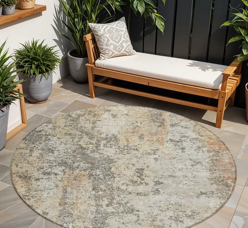 8' Terra Cotta Beige And Dark Gray Round Abstract Washable Indoor Outdoor Area Rug Photo 1
