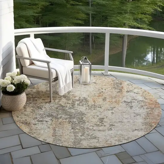 8' Terra Cotta Beige And Dark Gray Round Abstract Washable Indoor Outdoor Area Rug Photo 6