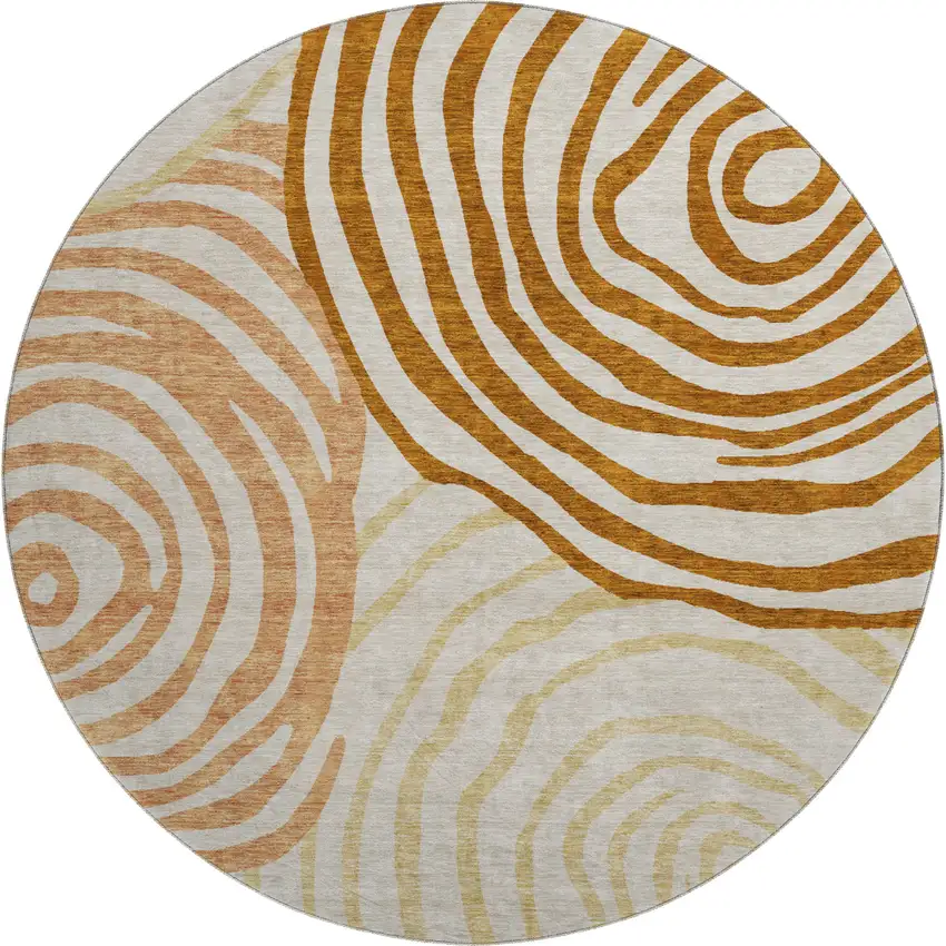 8' Terra Cotta Beige And Gold Abstract Washable Round Rug With UV Protection Photo 1