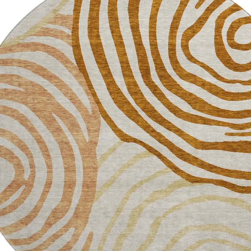 8' Terra Cotta Beige And Gold Abstract Washable Round Rug With UV Protection Photo 3