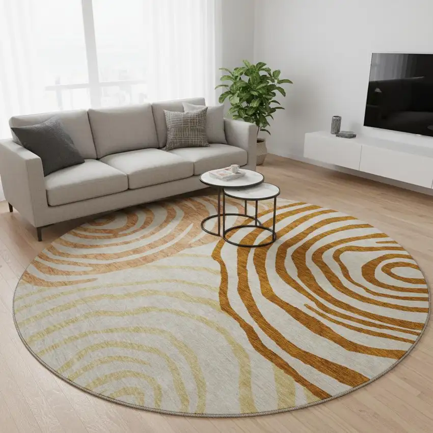 8' Terra Cotta Beige And Gold Abstract Washable Round Rug With UV Protection Photo 2