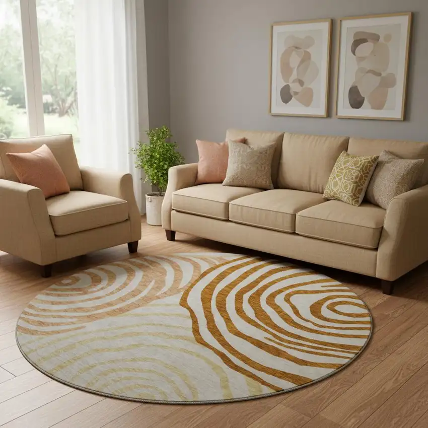 8' Terra Cotta Beige And Gold Abstract Washable Round Rug With UV Protection Photo 1