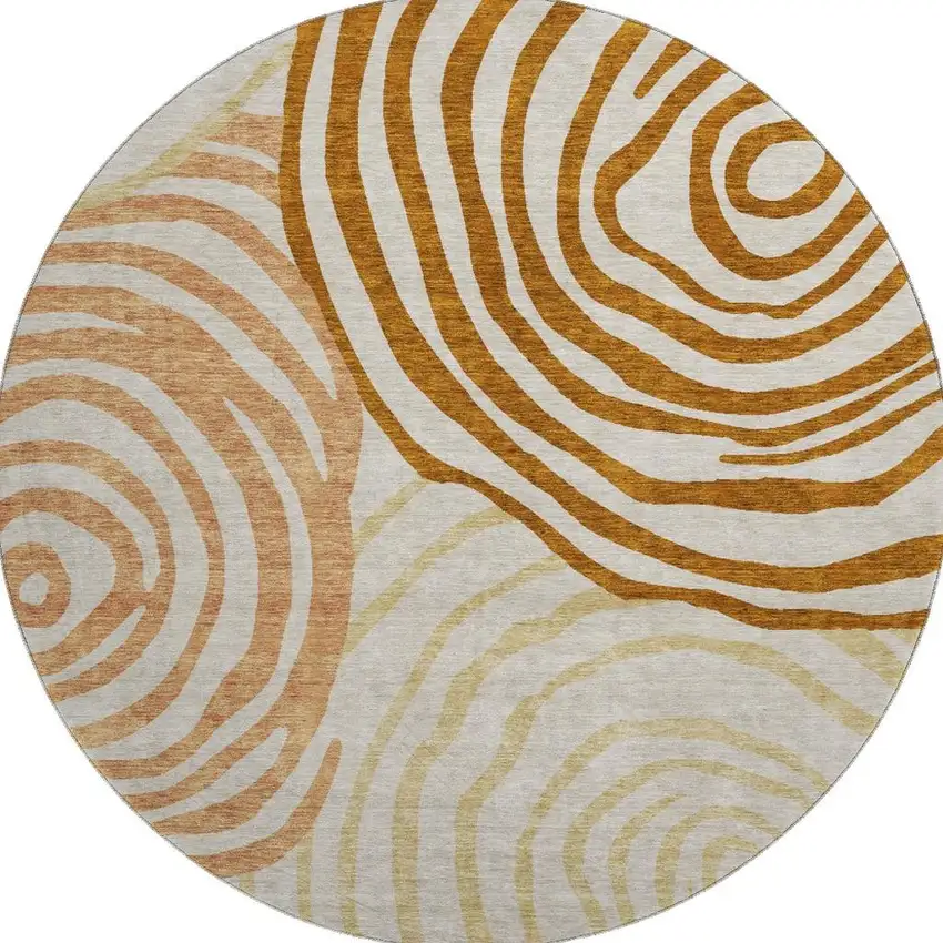 8' Terra Cotta Beige And Gold Abstract Washable Round Rug With UV Protection Photo 4