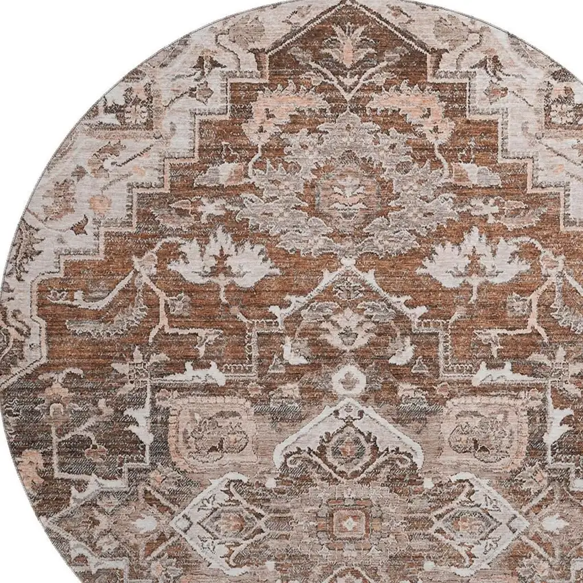 8' Terra Cotta Beige And Gray Floral Medallion Washable Round Rug With UV Protection Photo 4