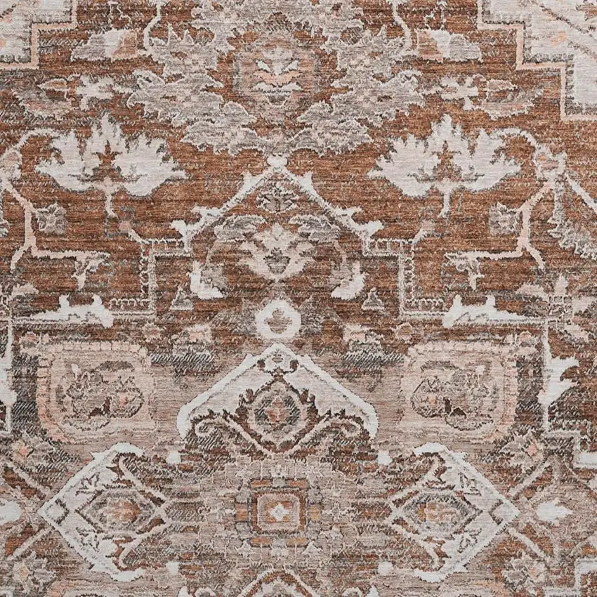 8' Terra Cotta Beige And Gray Floral Medallion Washable Round Rug With UV Protection Photo 3